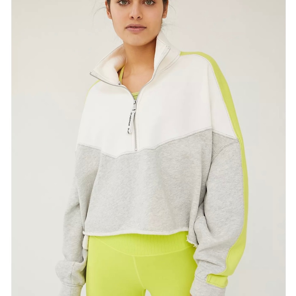 Free People Colorblock Sweatshirt - White, Gray, and Neon Green